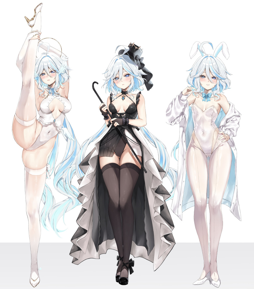 1girl :3 absurdres ahoge animal_ears armpits arms_up ass_visible_through_thighs back ballerina ballet blue_eyes blue_hair blush breasts breasts_apart cleavage_cutout clothing_cutout commentary covered_navel detached_collar drop-shaped_pupils english_commentary facing_away flexible frilled_leotard frills full_body furina_(genshin_impact) furrowed_brow genshin_impact hair_between_eyes heterochromia high_heels highres holding_leg jacket kneepits leg_hold leg_lift leotard light_blue_hair long_hair long_sleeves looking_at_viewer mismatched_pupils multicolored_hair multiple_views neck_garter nontraditional_playboy_bunny plantar_flexion playboy_bunny rabbit_ears sidelocks sleeveless_turtleneck_leotard small_breasts split standing standing_on_one_leg standing_split starry_background strapless strapless_leotard streaked_hair tail thighhighs thighs two-tone_hair very_long_hair vitaminechan white_hair