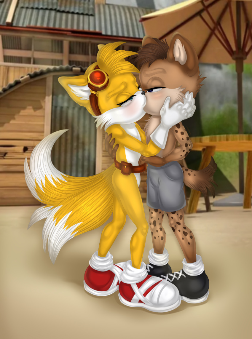 2023 5_fingers anthro arm_around_waist belt blush bottomwear brown_body brown_hair canid canine clothed clothing duo ear_tuft eye_contact eyebrows eyewear fingers fluffy fluffy_tail footwear fox fur goggles green_eyes hair hand_on_head hi_res hyena invalid_tag kissing light looking_at_another male male/male mammal miles_prower multi_tail multicolored_body multicolored_fur natttttalina orange_body orange_fur outside romantic sega shoes shorts sneakers sonic_the_hedgehog_(series) spots spotted_hyena sunlight tail tuft two_tone_body two_tone_fur waist