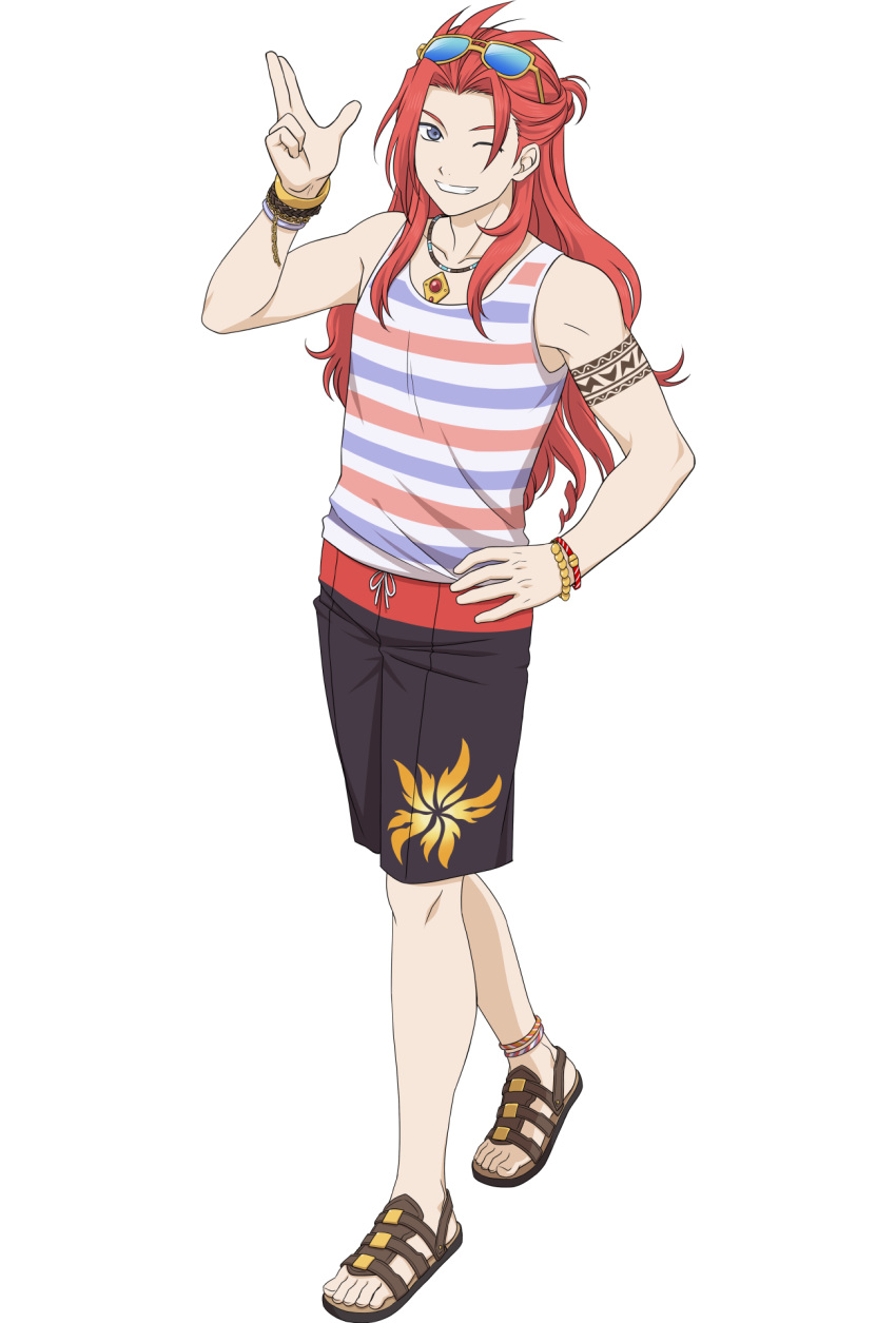 1boy anklet bracelet english_commentary eyewear_on_head feet hand_on_own_hip highres jewelry long_hair male_focus male_swimwear necklace official_art one_eye_closed sandals smile solo sunglasses swim_trunks tales_of_(series) tales_of_asteria tales_of_symphonia tank_top teeth toenails toes transparent_background zelos_wilder