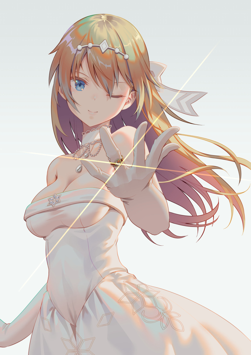 1girl ;) alice_gear_aegis bare_shoulders blonde_hair blue_eyes bow breasts choker cleavage dress elbow_gloves floating_hair gloves hair_between_eyes hair_bow highres jewelry lens_flare long_hair medium_breasts one_eye_closed pinakes ring simple_background sleeveless sleeveless_dress smile solo strapless strapless_dress virginia_glynnberets wedding_dress wedding_ring white_background white_bow white_choker white_dress white_gloves
