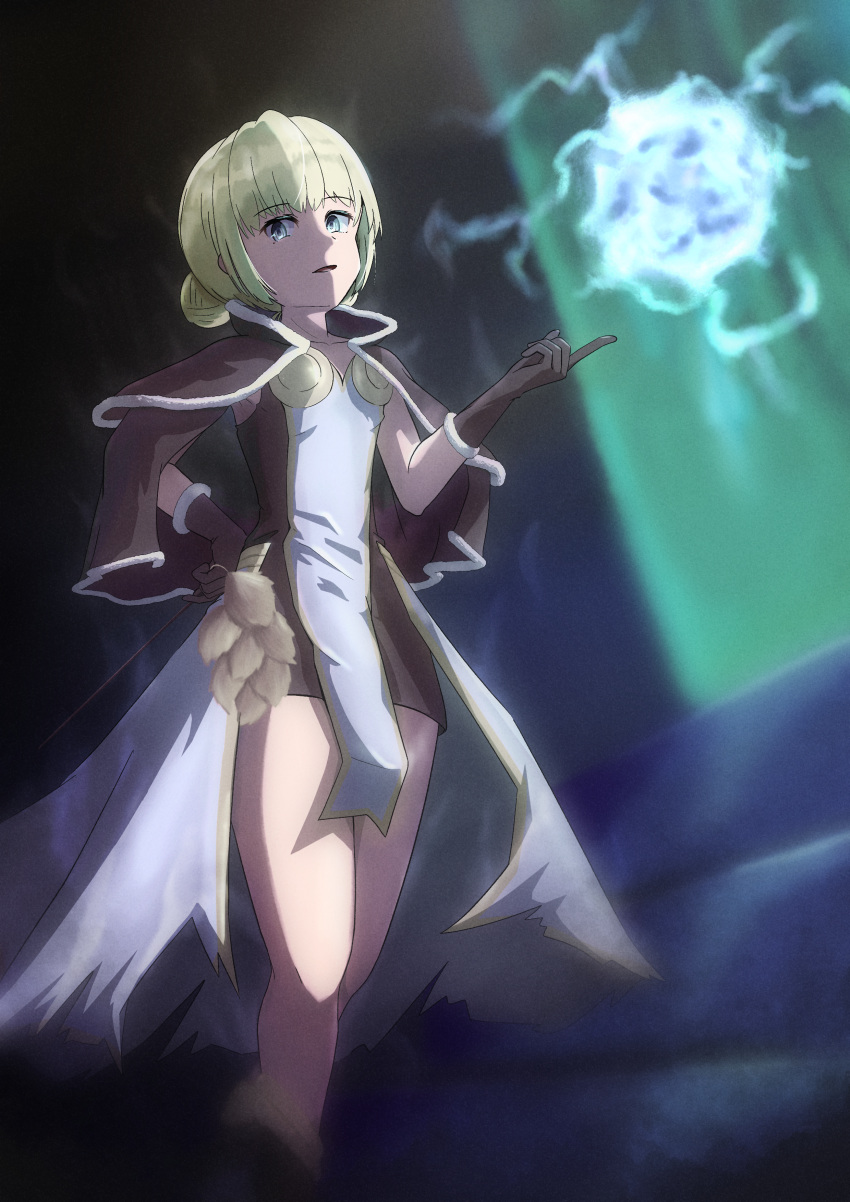 1girl absurdres aura bio_lab blonde_hair boots breasts brown_cape brown_dress brown_footwear brown_gloves cape commentary_request double_bun dress electricity electrokinesis feet_out_of_frame fur-trimmed_cape fur-trimmed_gloves fur_trim gloves green_eyes hair_bun high_wizard_(ragnarok_online) highres holding holding_wand index_finger_raised kathryne_keyron layered_dress litschika looking_at_viewer medium_bangs open_mouth ragnarok_online short_dress short_hair small_breasts smile solo strapless strapless_dress two-tone_dress wand white_dress