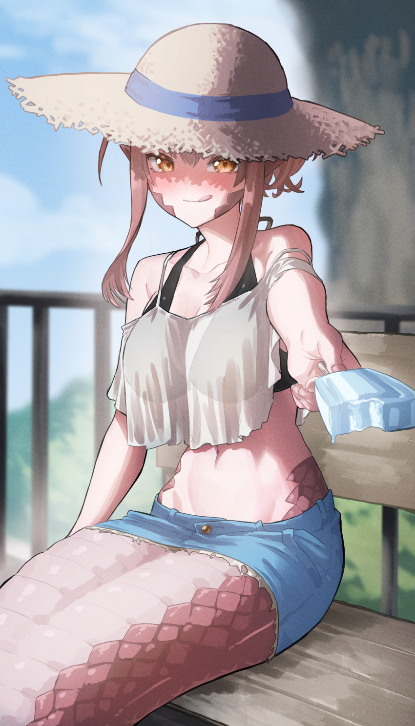 1girl absurdres bare_shoulders bikini black_bikini blush breasts cleavage collarbone commission commissioner_upload day denim denim_skirt ekrea_jan fingernails food hair_between_eyes hair_ornament hat highres holding holding_food holding_ice_cream ice_cream lamia licking_lips light_smile long_hair looking_at_viewer medium_breasts miia_(monster_musume) miniskirt monster_girl monster_musume_no_iru_nichijou navel non-web_source outdoors pointy_ears reaching reaching_towards_viewer red_hair scales see-through sidelocks sitting_on_bench skeb_commission skirt slit_pupils solo strap_slip straw_hat swimsuit tongue tongue_out tree yellow_eyes