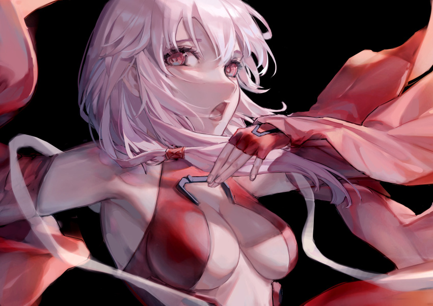 1girl absurdres bare_shoulders black_background breasts center_opening cleavage detached_sleeves elbow_gloves fingerless_gloves floating_hair gloves guilty_crown hair_ornament hairclip highres long_hair looking_at_viewer medium_breasts nielc27 open_mouth pink_hair red_eyes red_sheet simple_background solo twintails upper_body yuzuriha_inori