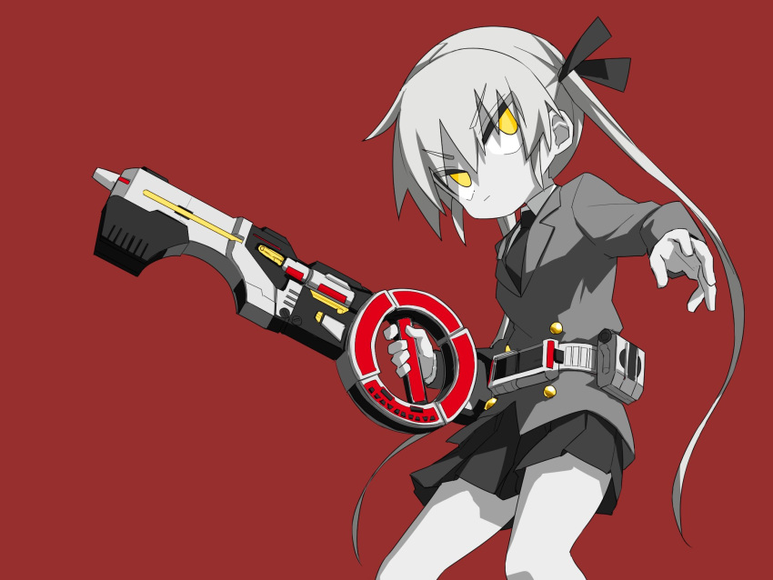 1girl collared_shirt hair_between_eyes hair_ribbon highres holding holding_weapon jacket kamen_rider kamen_rider_555 kill_me_baby limited_palette long_hair long_sleeves necktie pleated_skirt red_background ribbon shirt simple_background skirt solo sonya_(kill_me_baby) twintails very_long_hair weapon yachima_tana yellow_eyes