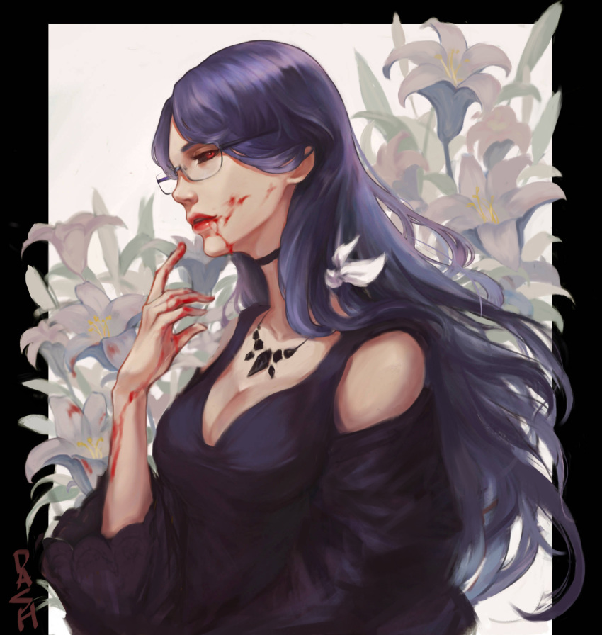1girl black_sclera blood blood_on_arm blood_on_face blood_on_hands breasts cleavage colored_sclera cropped_legs dash_(734851641) dress flower glasses hair_ornament highres kamishiro_rize large_breasts lily_(flower) long_hair looking_to_the_side petals purple_dress purple_hair purple_sleeves red_eyes semi-rimless_eyewear solo tokyo_ghoul tokyo_ghoul:re under-rim_eyewear upper_body white_background white_flower
