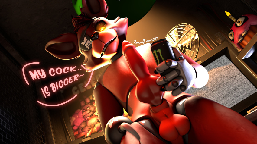 3d_(artwork) absurd_res animal_genitalia animal_penis animatronic anthro balls canid canine canine_genitalia canine_penis cupcake_(fnaf) digital_media_(artwork) english_text erection eye_patch eyewear fingers five_nights_at_freddy's fox foxy_(fnaf) genitals hi_res holding_energy_drink holding_object hook hook_hand jizzyfox knot machine male mammal monster_energy nude penis pirate red_body robot scottgames solo teeth text yellow_eyes