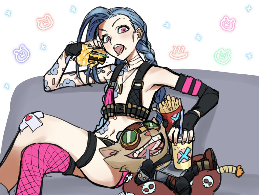 1girl :d arm_tattoo bare_shoulders black_gloves blue_hair body_fur braid breasts brown_fur burger cloud_tattoo couch crossed_legs cup disposable_cup fingerless_gloves flat_chest food food_focus french_fries gloves goggles highres holding holding_food jinx_(league_of_legends) league_of_legends long_hair looking_at_viewer lying navel on_back pink_eyes pink_thighhighs pointy_ears shoulder_tattoo single_thighhigh smile stomach_tattoo tattoo teeth thighhighs twin_braids wosashimi yordle ziggs