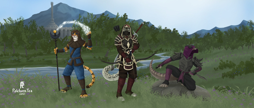 absurd_res anthro archer archery argonian armor bethesda_softworks bow_(weapon) cyrodiil dagger felid fighting_pose group hi_res hooded hoods jo'reysha kahei-ra khajiit magic magic_user male mammal melee_weapon palehorntea pantherine pavur-dar pose ranged_weapon rogue scalie snow_leopard sword the_elder_scrolls tiger trio umbrose weapon