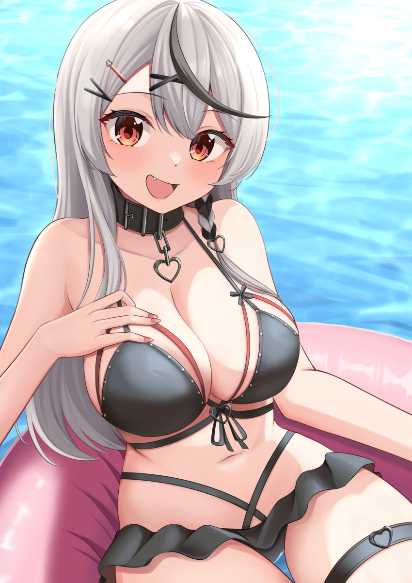 1girl 9696k absurdres bikini bikini_skirt black_bikini black_collar black_hair breasts cleavage collar double_bikini fang grey_hair hair_ornament hairpin hand_on_own_chest heart_o-ring highres hololive innertube large_breasts long_hair looking_at_viewer multicolored_hair nail_polish navel o-ring o-ring_thigh_strap open_mouth red_bikini red_eyes red_nails sakamata_chloe smile solo streaked_hair swimsuit thigh_strap virtual_youtuber water x_hair_ornament