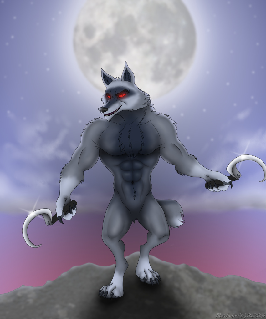 5:6 abs anthro barefoot canid canine canis clothing death_(puss_in_boots) digital_media_(artwork) feet full_moon hi_res looking_at_viewer male mammal moon muscular muscular_male pose puss_in_boots_(film) puss_in_boots_the_last_wish rahir_(artist) sickle solo villainous wolf