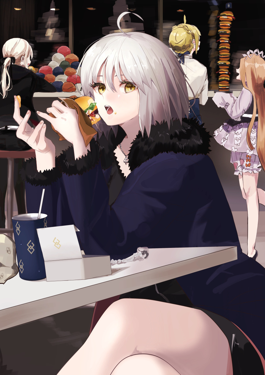 4girls abigail_williams_(fate) abigail_williams_(festival_outfit)_(fate) absurdres ahoge artoria_pendragon_(fate) black_coat black_dress black_jacket black_ribbon blonde_hair blue_ribbon blue_skirt braid burger coat commentary crossed_legs dress eating fate/grand_order fate_(series) fingernails food food_on_face french_braid fur-trimmed_coat fur-trimmed_sleeves fur_trim hair_between_eyes hair_ribbon highres holding holding_food indoors jacket jeanne_d'arc_alter_(fate) jeanne_d'arc_alter_(ver._shinjuku_1999)_(fate) jewelry long_hair long_sleeves looking_at_viewer multiple_girls nainairo323 necklace official_alternate_costume open_clothes open_coat ponytail ribbon saber saber_alter saber_alter_(ver._shinjuku_1999)_(fate) shirt short_hair sitting skirt sleeves_past_fingers sleeves_past_wrists standing standing_on_one_leg symbol-only_commentary table two-tone_dress very_long_hair white_dress white_hair white_shirt yellow_eyes