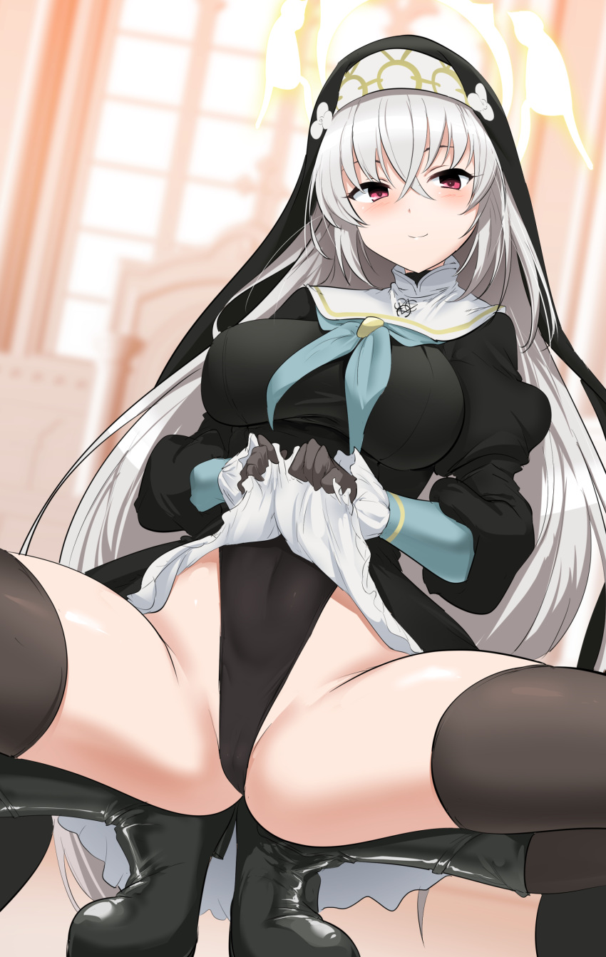absurdres ass black_gloves black_thighhighs blue_archive blush boots breasts cameltoe covered_navel gloves grey_hair halo highres justina_follower_(blue_archive) lifted_by_self long_hair looking_at_viewer momio nun red_eyes sakurako_(blue_archive) smile spread_legs thighhighs tiptoes veil very_long_hair