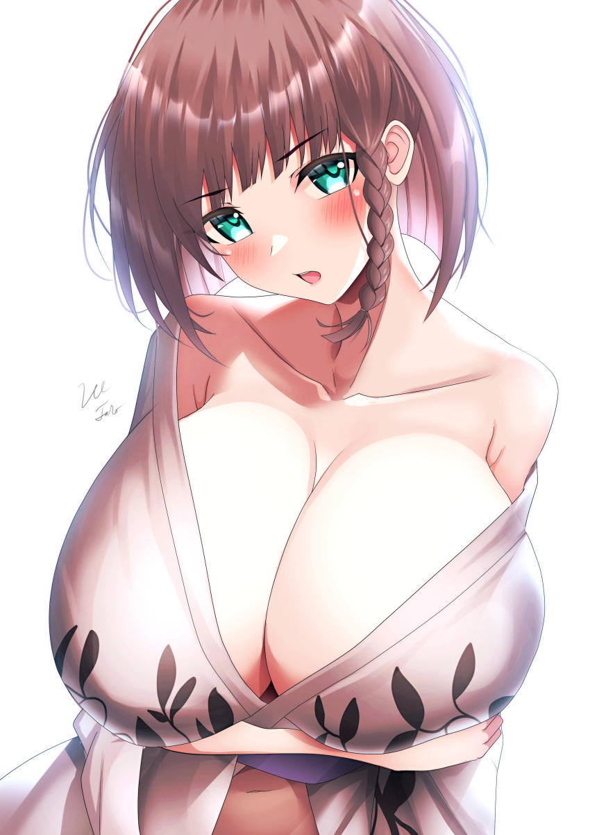 1girl absurdres braid breasts brown_hair charlotte_corday_(fate) cleavage fate/grand_order fate_(series) green_eyes highres large_breasts lee-taro looking_at_viewer naked_robe open_clothes open_mouth robe solo white_background white_robe