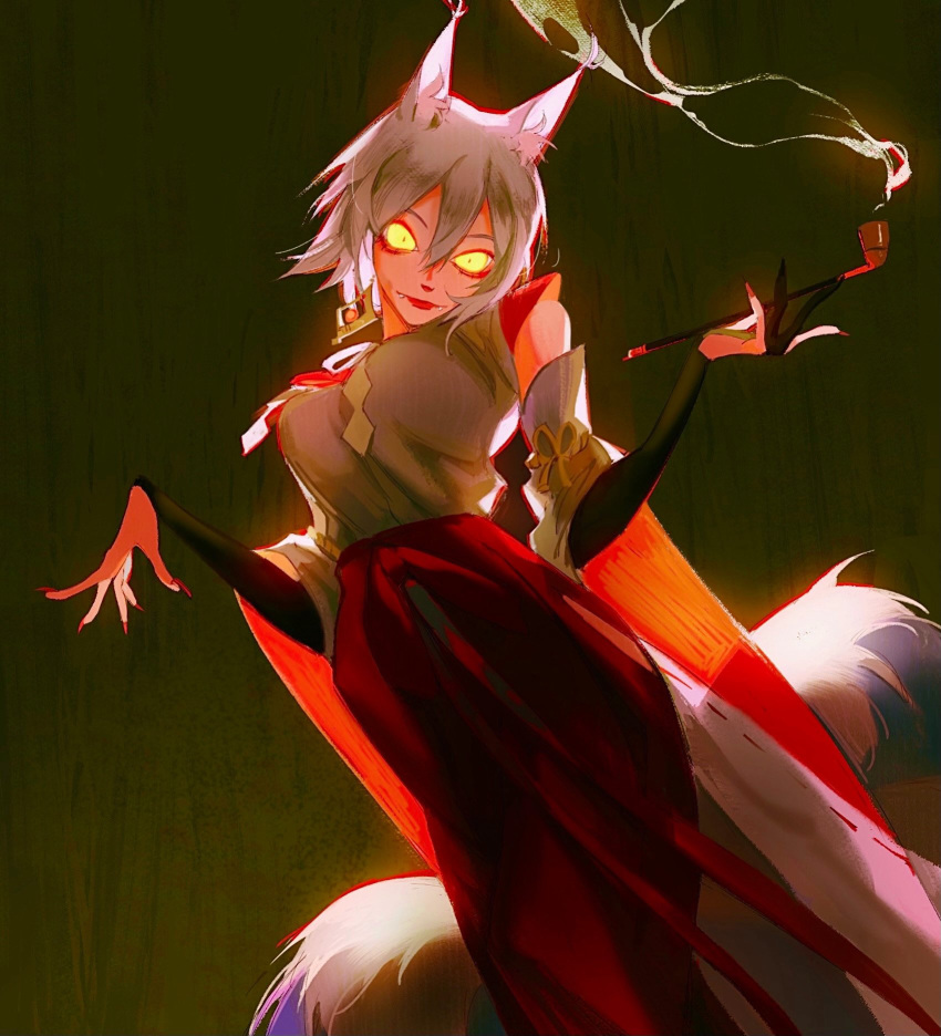 1girl animal_ears black_gloves brown_background ciatoru closed_mouth commentary detached_sleeves english_commentary eyeliner fangs fangs_out feet_out_of_frame fingernails fox_ears fox_girl fox_tail from_below genshin_impact gloves grey_hair hakama hands_up highres holding holding_smoking_pipe japanese_clothes kitsune_saiguu layered_sleeves long_fingernails long_sleeves looking_at_viewer looking_down makeup no_mask partially_fingerless_gloves red_hakama red_lips red_nails sharp_fingernails shide short_hair simple_background single_glove smoke smoking_pipe solo standing tail two-sided_fabric wide-eyed wide_sleeves yellow_eyes