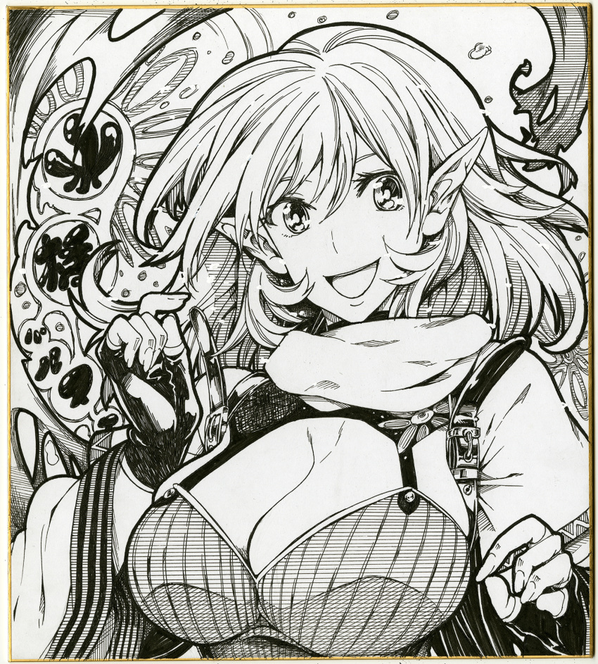1girl alternate_costume bangs breasts cleavage commentary_request fingerless_gloves gloves greyscale highres ishida_kazuma large_breasts looking_at_viewer mizuhashi_parsee monochrome open_mouth pointy_ears scarf shikishi short_hair short_sleeves smile solo touhou traditional_media upper_body