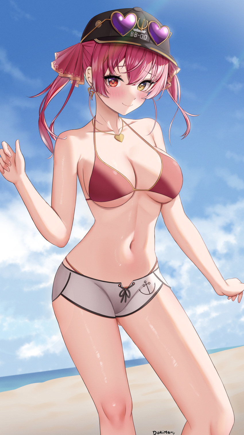 1girl absurdres artist_name bare_arms bare_shoulders bikini black_headwear blush breasts closed_mouth collarbone dokimaru earrings eyewear_on_headwear hair_ornament hair_ribbon hand_up hat heart heart-shaped_eyewear heart_necklace heterochromia highres hololive houshou_marine jewelry looking_at_viewer medium_hair micro_shorts navel necklace red_bikini red_eyes red_hair red_ribbon ribbon shorts smile stomach sunglasses swimsuit thighs twintails underboob virtual_youtuber yellow_eyes