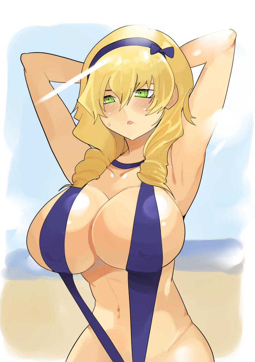 1girl armpits arms_up bad_link beach blonde_hair breasts day drawfag frown green_eyes hair_between_eyes highres huge_breasts kakumeiki_valvrave long_hair navel ninomiya_takahi outdoors slingshot_swimsuit solo standing sunlight swimsuit