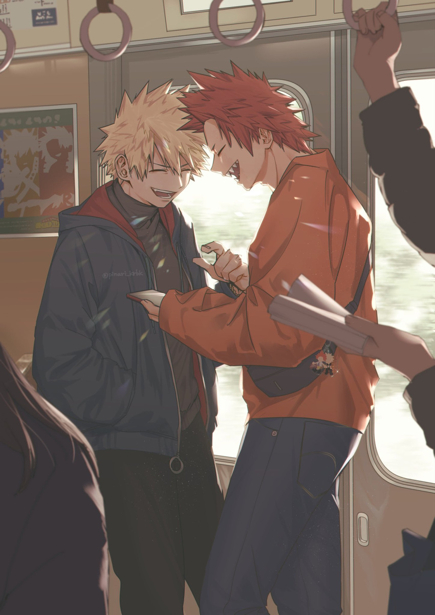 2boys 2others adam's_apple alternate_costume bag bag_charm baggy_clothes bakugou_katsuki black_pants black_sweater blonde_hair blue_bag blue_jacket blurry blurry_background boku_no_hero_academia book bus_interior casual cellphone character_charm charm_(object) check_clothing closed_eyes copyright_name cowboy_shot depth_of_field diffraction_spikes door drawstring facing_another fang from_side hair_between_eyes hand_in_pocket hand_up handbag happy head_down highres holding holding_book holding_hand_grip holding_phone hood hood_down hooded_jacket jacket kirishima_eijirou long_sleeves male_focus multiple_boys multiple_others open_clothes open_jacket open_mouth orange_shirt pants phone pointing poster_(object) profile red_hair sharp_teeth shirt short_eyebrows short_hair sleeves_past_wrists smartphone smile spiked_hair standing sweater teeth tsukota turtleneck turtleneck_sweater twitter_username two-sided_fabric two-sided_jacket v-shaped_eyebrows x zipper_pull_tab