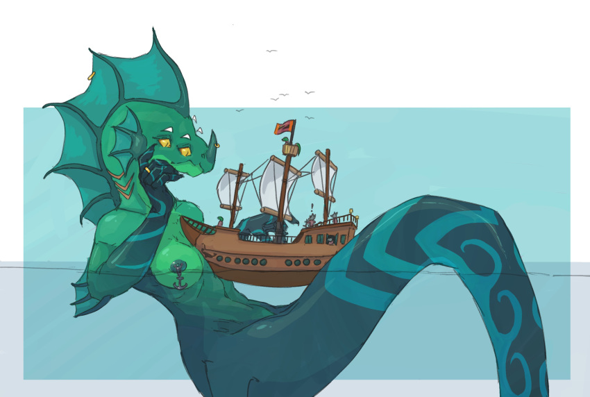 anchor anthro breasts female fin green_body head_fin hi_res horn macro marine monster multi_eye nipple_piercing nipples piercing sea sea_monster serpentine ship solo vehicle water watercraft zed-s