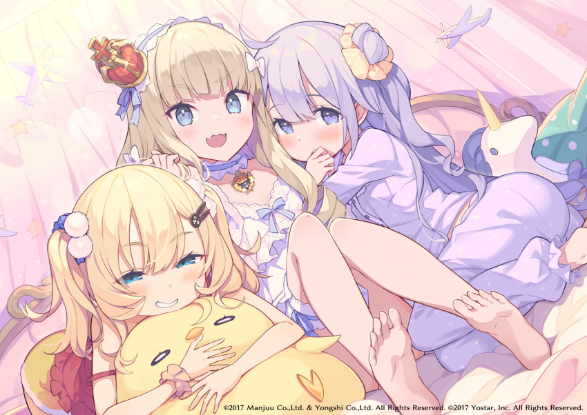 3girls abercrombie_(azur_lane) azur_lane barefoot blonde_hair blunt_bangs blush green_eyes grey_eyes hair_between_eyes hair_ornament highres holding holding_stuffed_toy light_brown_hair long_hair looking_at_viewer manjuu_(azur_lane) multiple_girls naughty_face nervous_smile official_art on_bed open_mouth pajamas pants parted_lips purple_eyes purple_hair purple_pants purple_shirt queen_elizabeth_(azur_lane) shirt sidelocks smile stuffed_toy stuffed_unicorn sweat tam-u toes two_side_up unicorn_(azur_lane)