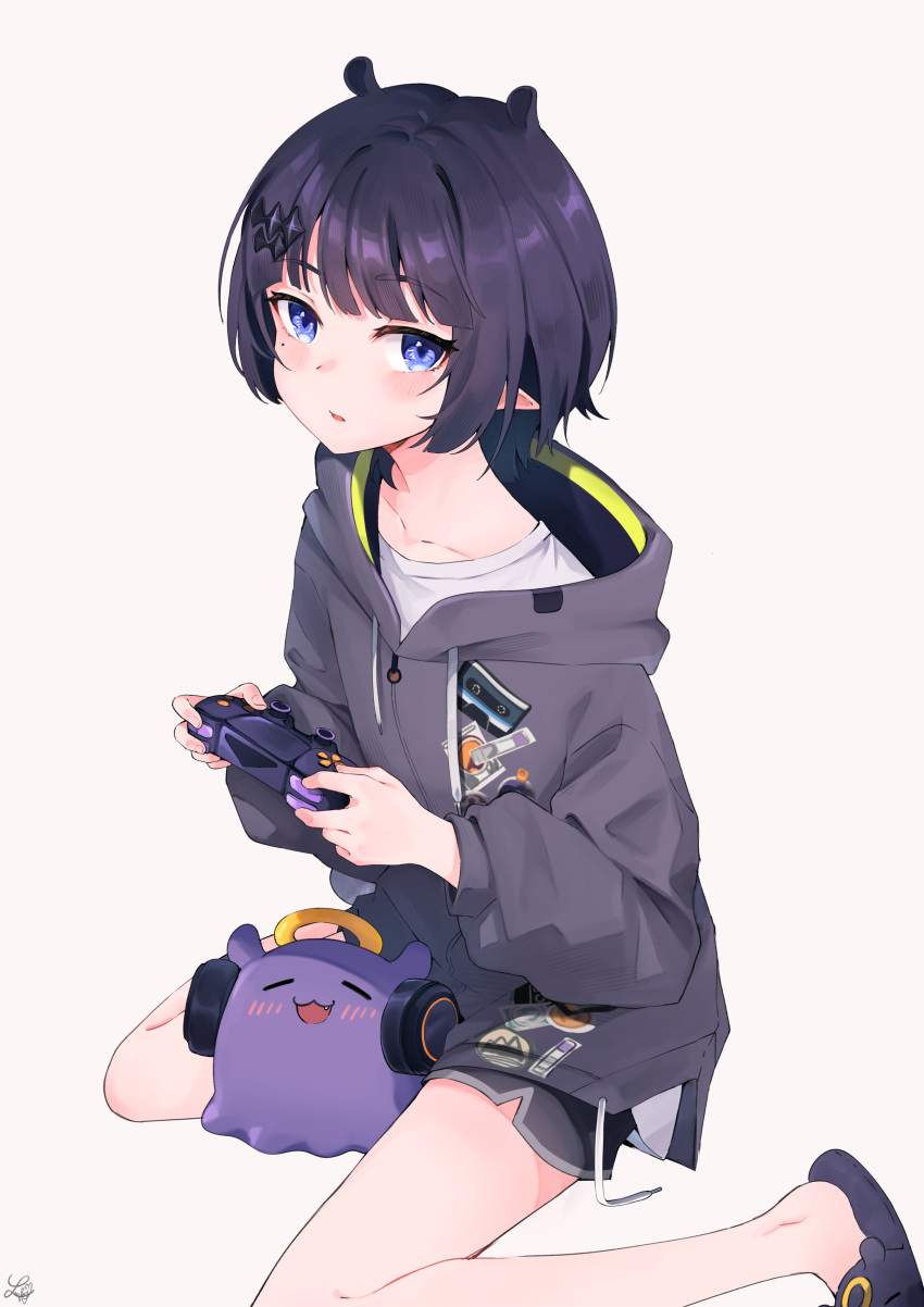 1girl absurdres artist_name black_shorts blue_eyes blunt_bangs blush bob_cut breasts collarbone commentary controller drawstring english_commentary full_body game_controller grey_hood hair_ornament hairclip headphones highres holding holding_controller holding_game_controller hololive hololive_english hood hood_down hoodie long_sleeves looking_at_viewer looking_to_the_side looking_up lucferz mole mole_under_eye ninomae_ina'nis on_ground parted_lips playing_games pointy_ears purple_footwear shirt short_hair short_shorts shorts signature simple_background sitting slippers small_breasts solo t-shirt takodachi_(ninomae_ina'nis) virtual_youtuber wariza white_background white_shirt