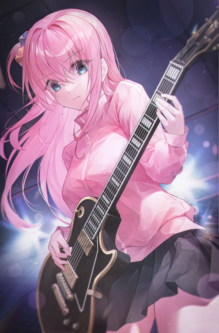 1girl absurdres backlighting black_skirt blue_eyes bocchi_the_rock! commentary crystalherb cube_hair_ornament gotoh_hitori guitar hair_ornament highres indoors instrument jacket music pink_jacket playing_guitar playing_instrument skirt solo stage_lights standing sweat symbol-only_commentary track_jacket