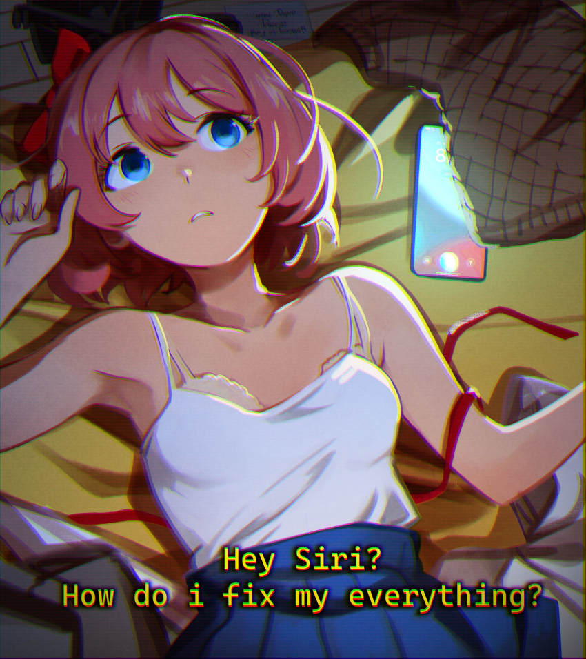 1girl absurdres bare_arms bare_shoulders blue_eyes bow breasts brown_vest chromatic_aberration d: doki_doki_literature_club english_text hair_between_eyes hair_bow highres jacket khyle. looking_up lying on_back phone pink_hair pleated_skirt red_bow reference_request ribbon sayori_(doki_doki_literature_club) shirt shirt_tucked_in short_hair skirt small_breasts solo teeth unworn_jacket unworn_vest vest white_shirt