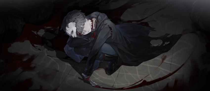 1boy absurdres arm_on_knee bandaged_neck bandages black_coat black_footwear black_sclera blood blood_in_hair blood_on_face blue_eyes boots coat colored_sclera dark dark_background drawing from_above full_body gloves grey_hair grey_pants head_tilt heterochromia highres holding holding_brush hood hood_down hooded_coat knee_boots light_smile looking_at_viewer mask mask_on_head meru02295238 mismatched_sclera official_alternate_costume pale_skin pants red_gloves reverse:1999 short_hair solo squatting torn_clothes torn_coat turning_head x_(reverse:1999) yellow_eyes