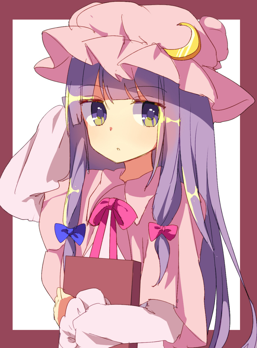 1girl arm_up blue_bow book border bow busujima_(kusahana) crescent crescent_hat_ornament hair_bow hat hat_ornament highres holding holding_book long_hair long_sleeves looking_at_viewer mob_cap one-hour_drawing_challenge patchouli_knowledge pink_bow pink_headwear purple_eyes purple_hair red_border simple_background solo touhou upper_body very_long_hair white_background