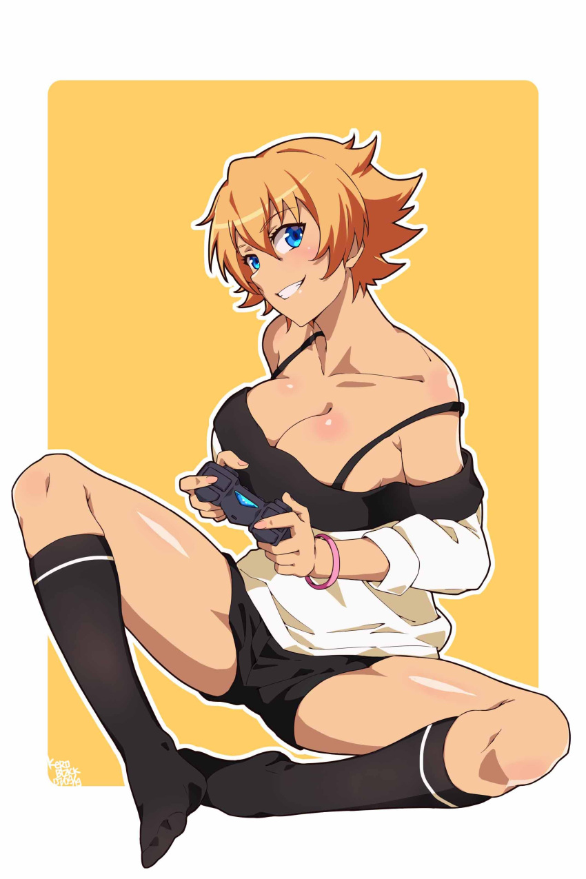 1girl :d absurdres bare_shoulders black_shorts black_socks blonde_hair blue_eyes border bracelet breasts casual cleavage collarbone commission controller drawing english_commentary full_body game_controller grin highres holding holding_controller igawa_sakura jewelry keroroblack large_breasts looking_at_viewer off_shoulder outline short_hair shorts smile socks solo spread_legs sweater taimanin_(series) taimanin_asagi teeth white_border white_outline white_sweater yellow_background