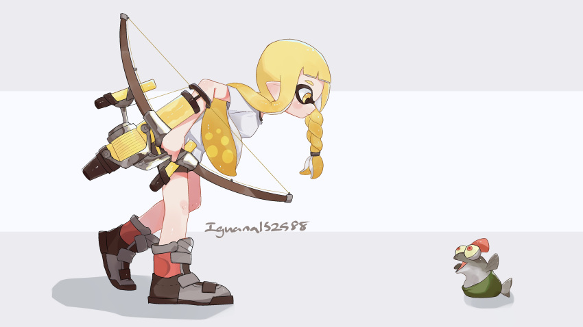 1girl absurdres artist_name bangs bike_shorts black_shorts blonde_hair blunt_bangs blush boots bow_(weapon) braid closed_mouth colored_sclera commentary_request expressionless grey_background grey_footwear highres holding holding_bow_(weapon) holding_weapon iguana152588 inkling inkling_girl leaning_forward long_hair looking_at_another mohawk open_mouth pointy_ears profile red_eyes red_hair salmon_run_(splatoon) salmonid shirt short_eyebrows short_shorts short_sleeves shorts side_braid sidelocks simple_background single_braid smallfry_(splatoon) splatoon_(series) splatoon_3 standing t-shirt tentacle_hair tri-stringer_(splatoon) two-tone_background weapon white_background white_shirt yellow_eyes yellow_sclera