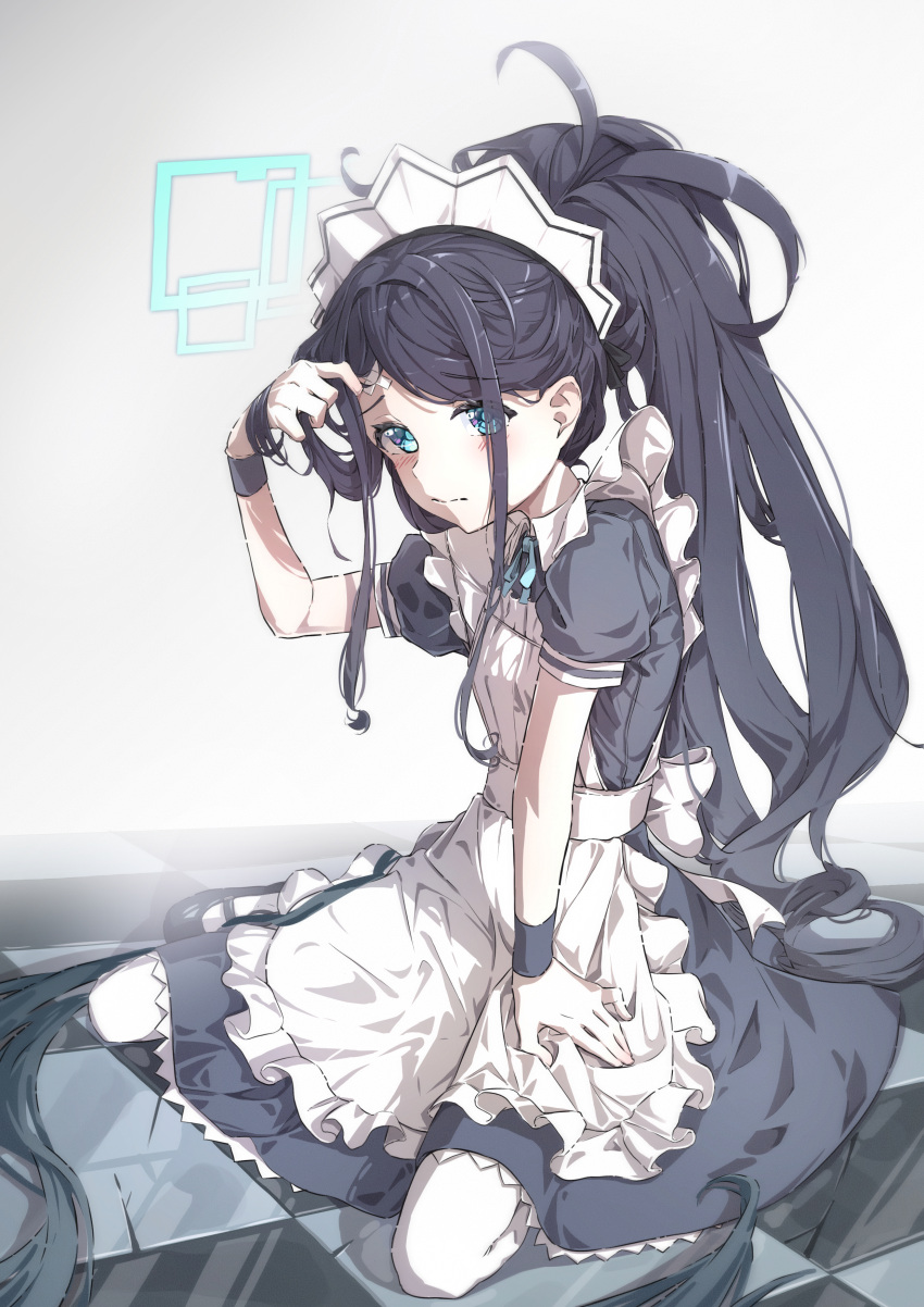 1girl absurdres alternate_costume apron aris_(blue_archive) aris_(maid)_(blue_archive) bandaid bandaid_on_face bandaid_on_forehead black_dress black_footwear blue_archive blue_eyes blush closed_mouth dress enmaided frilled_apron frills halo highres long_hair looking_at_viewer maid maid_apron maid_headdress mary_janes naretsuro official_alternate_costume pantyhose parted_bangs ponytail shiny_floor shoes short_sleeves sitting solo tile_floor tiles very_long_hair wavy_mouth white_apron white_pantyhose wrist_cuffs yokozuwari
