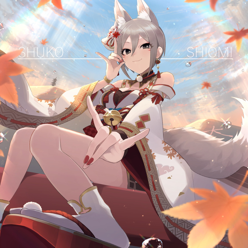 1girl absurdres animal_ears autumn_leaves bare_shoulders bell black_eyes blue_sky blurry blurry_foreground blush bracelet breasts character_name cleavage closed_mouth cloud detached_collar detached_sleeves earrings fake_animal_ears fake_tail falling_leaves fox_ears fox_mask fox_shadow_puppet fox_tail grey_hair gum_(vivid_garden) hair_between_eyes hair_ornament hand_up highres idolmaster idolmaster_cinderella_girls idolmaster_cinderella_girls_starlight_stage japanese_clothes jewelry jingle_bell kimono knees_together_feet_apart kyoto leaf long_sleeves looking_at_viewer maple_leaf mask medium_breasts mountain obi print_kimono rainbow red_nails ring sash shiomi_syuko short_hair short_kimono sitting sky smile solo tabi tail water_drop white_kimono wide_sleeves zouri