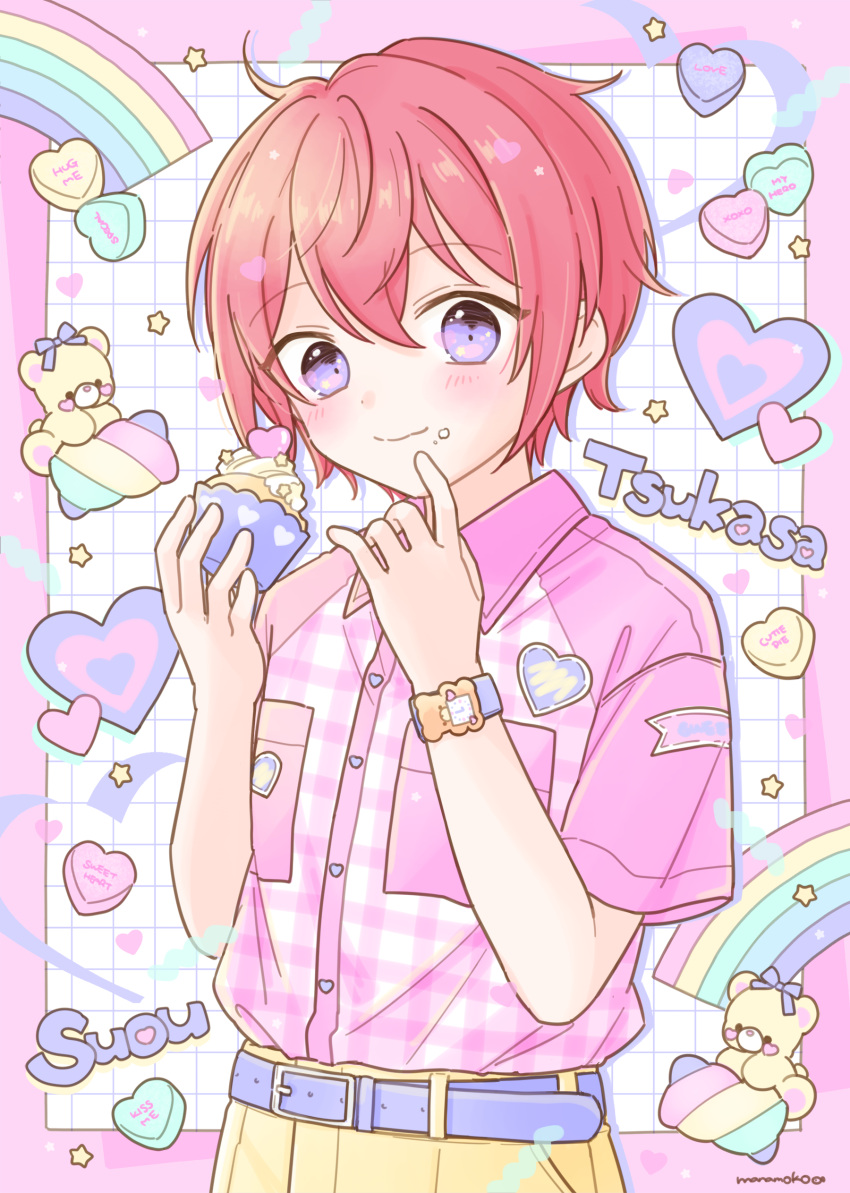 1boy absurdres belt character_name crumbs cupcake ensemble_stars! food happypuppy_guu heart highres holding holding_food long_hair male_focus multicolored_background pants pink_background pink_shirt purple_belt purple_eyes rainbow red_hair shirt short_hair short_sleeves solo star_(symbol) stuffed_animal stuffed_toy suou_tsukasa teddy_bear white_background yellow_pants
