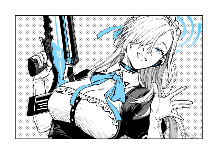 1girl asuna_(blue_archive) blue_archive blue_eyes breasts choker cleavage dress elbow_gloves gloves gun hair_over_one_eye hair_ribbon halo hiro_(chumo) holding holding_gun holding_weapon large_breasts limited_palette long_hair looking_at_viewer maid_headdress mole mole_on_breast ribbon short_sleeves solo trigger_discipline upper_body very_long_hair weapon