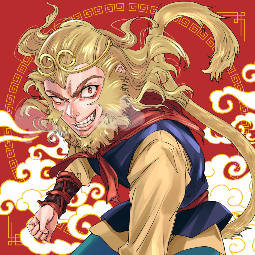 1boy absurdres blonde_hair chinese_border chinese_clothes circlet clenched_hand facial_hair fangs flying_nimbus heavy_breathing highres journey_to_the_west long_hair long_sleeves male_focus meguzm red_background red_eyes sideburns smirk solo sun_wukong tail teeth