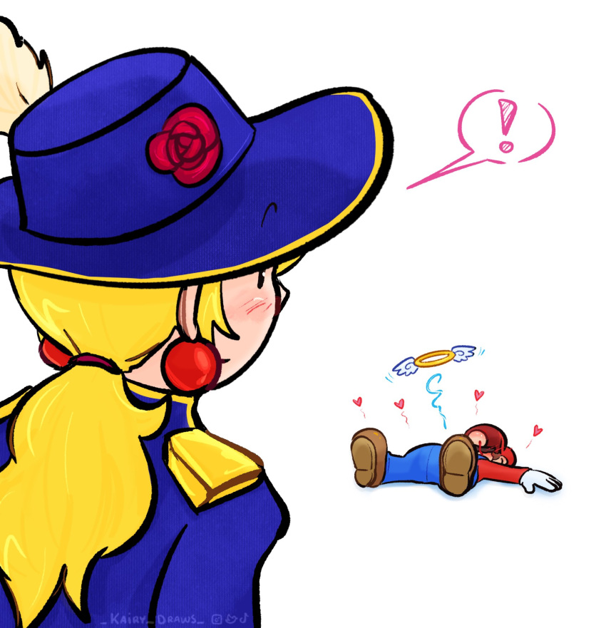! aristocratic_clothes back blood blue_headwear blue_jacket blue_overalls blush brown_footwear cabbie_hat earrings epaulettes facial_hair flower giving_up_the_ghost gloves hat hat_feather hat_flower heart highres jacket jewelry kairy_draws long_hair low_ponytail lying mario mario_(series) mustache nosebleed on_back overalls princess_peach princess_peach:_showtime! red_flower red_headwear red_rose rose shoes so_moe_i'm_gonna_die! sphere_earrings spoken_exclamation_mark surprised swordfighter_peach unconscious wavy_hair white_gloves winged_halo