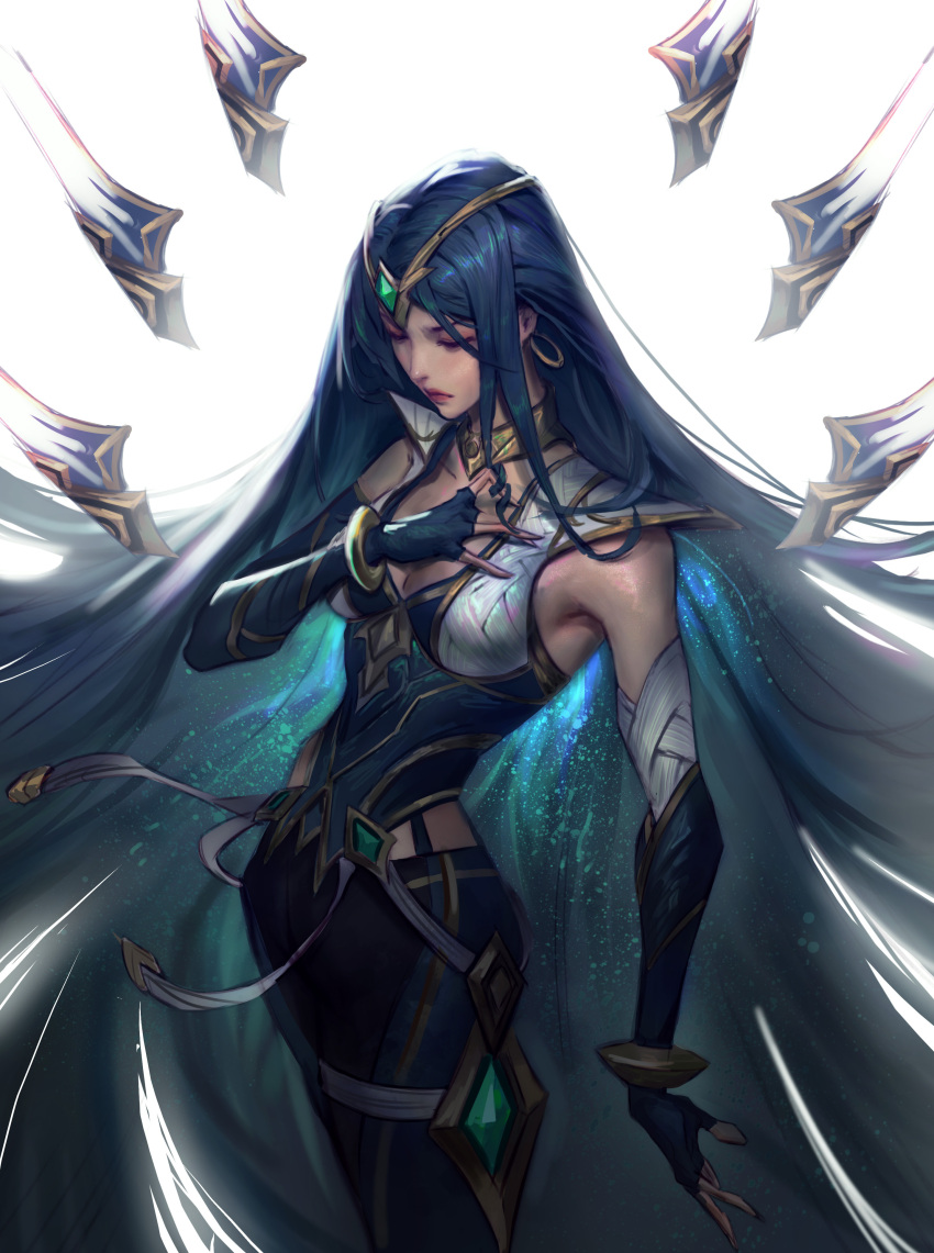 1girl absurdly_long_hair absurdres black_gloves blade blue_hair bracelet breasts cleavage closed_eyes collarbone elbow_gloves english_commentary fingerless_gloves floating_hair gem gloves green_gemstone hair_ornament hand_on_own_chest haotian_gruru highres irelia jewelry league_of_legends light long_hair medium_breasts multiple_swords parted_bangs pink_lips sentinel_(league_of_legends) sentinel_irelia sidelocks simple_background solo standing thighs v-shaped_eyebrows very_long_hair white_background