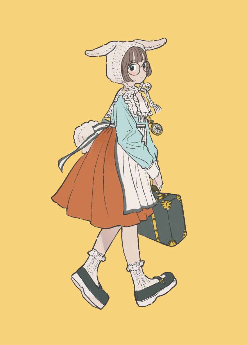 1girl :c absurdres animal_ears animal_hat apron black-framed_eyewear black_eyes black_footwear blue_shirt blush brown_hair closed_mouth ears_down fake_animal_ears fake_tail from_side glasses hat high-waist_skirt highres holding holding_suitcase inoue_haruka_(haruharu210) long_bangs long_sleeves looking_at_viewer orange_background orange_skirt original pendant_watch pleated_skirt rabbit_ears rabbit_hat rabbit_tail round_eyewear shirt shoes short_hair sidelocks simple_background skirt sleeve_cuffs socks solo suitcase tail waist_apron walking white_apron white_socks