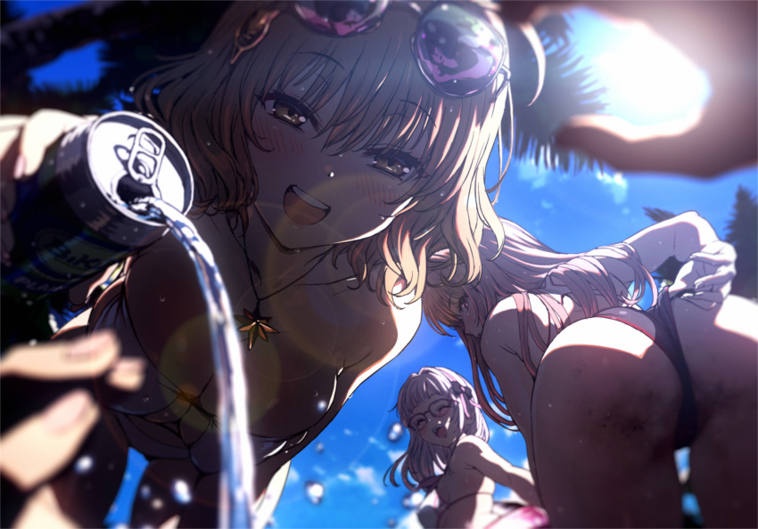 3girls anis_(nikke) anis_(sparkling_summer)_(nikke) ass bare_shoulders bikini black_one-piece_swimsuit blue_sky blush breasts brown_eyes can cleavage closed_eyes collarbone eyepatch_bikini eyewear_on_head glasses goddess_of_victory:_nikke grey_hair highres intensify_0 jewelry large_breasts leaning_forward lens_flare light_brown_hair long_hair looking_at_viewer looking_back multiple_girls necklace neon_(blue_ocean)_(nikke) neon_(nikke) one-piece_swimsuit open_mouth pouring rapi_(classic_vacation)_(nikke) rapi_(nikke) short_hair sky smile soda_can sunlight swimsuit thighs white_bikini