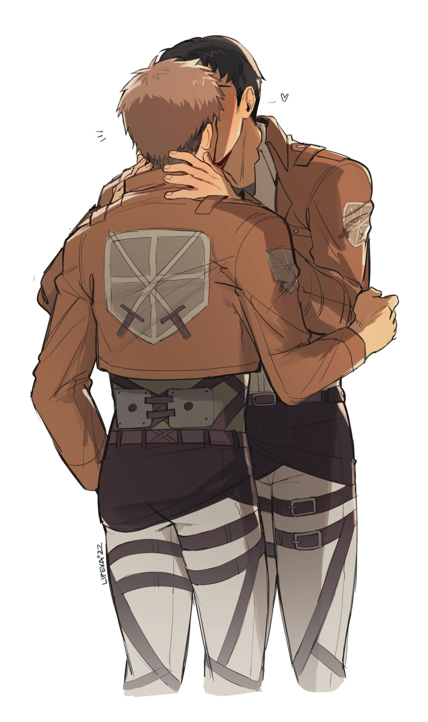 2boys brown_hair couple cropped_legs english_commentary heart highres jean_kirchstein kiss lipeka male_focus marco_bodt multiple_boys notice_lines pants paradis_military_uniform shingeki_no_kyojin short_hair surprise_kiss surprised thigh_strap training_corps_(emblem) yaoi