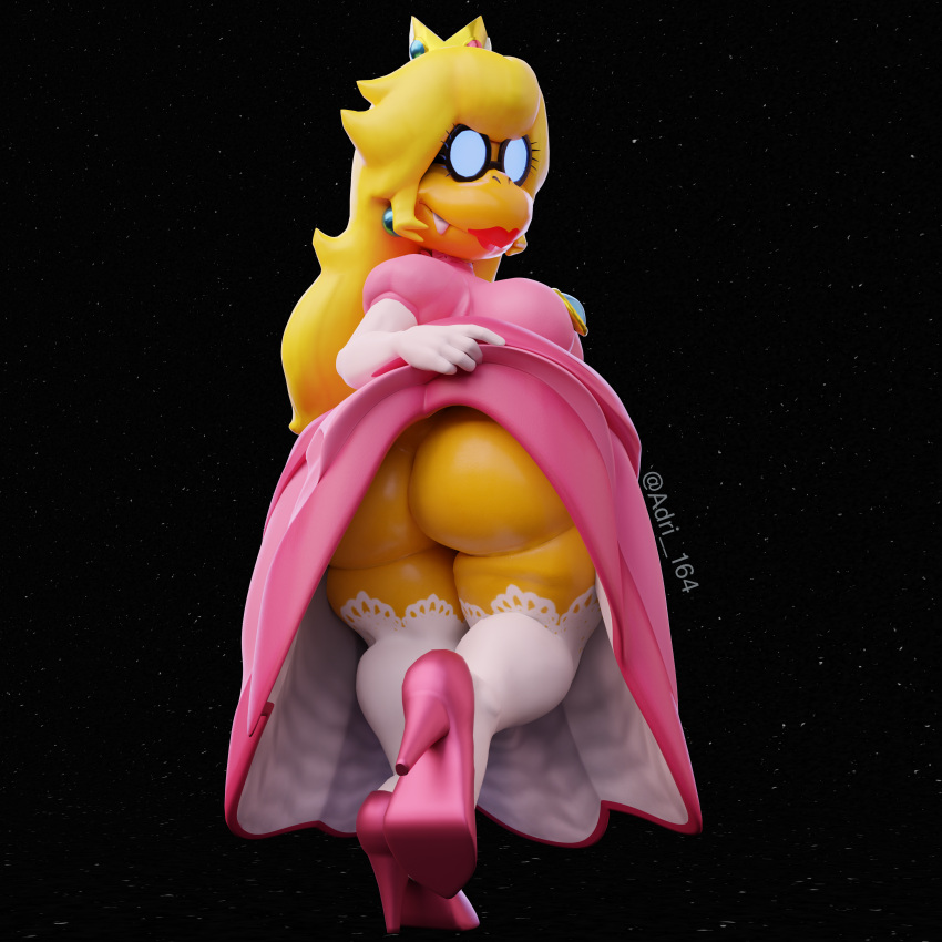 absurd_res adri164 big_butt blonde_hair bubble_butt butt clothed clothing clothing_lift cosplay crossdressing crown dress dress_lift eyewear footwear girly gloves hair handwear headgear hi_res high_heels kamek koopa lipstick long_hair looking_at_viewer magikoopa makeup male male/male mario_bros nintendo no_underwear scalie sharp_teeth solo teeth wide_hips yellow_body