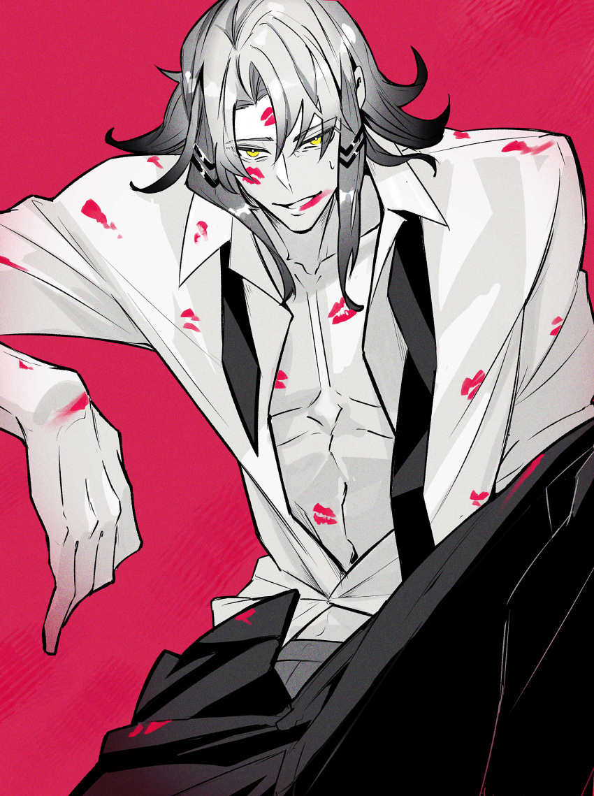 1boy absurdres fate/grand_order fate_(series) greyscale_with_colored_background haruakira highres invisible_chair large_pectorals lipstick lipstick_mark lipstick_mark_on_chest lipstick_mark_on_face lipstick_mark_on_stomach makeup male_focus male_underwear monochrome necktie odysseus_(fate) pants partially_unbuttoned pectorals pink_background short_hair simple_background sitting smeared_lipstick solo spot_color underwear undone_necktie yellow_eyes