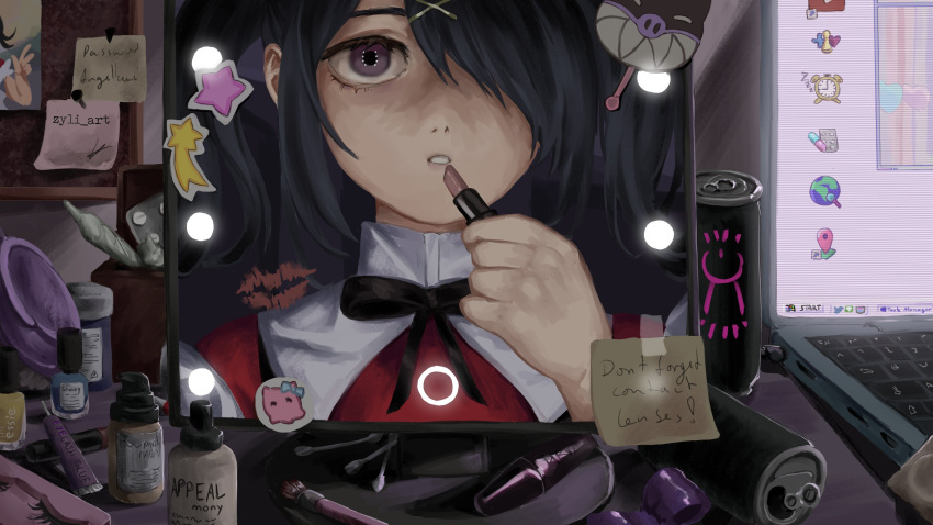 1girl absurdres ame-chan_(needy_girl_overdose) applying_makeup black_hair black_ribbon blister_pack can collared_shirt commentary computer cosmetics cotton_swab energy_drink english_commentary hair_ornament hair_over_one_eye hand_up highres holding holding_lipstick_tube indoors laptop lipstick_mark lipstick_tube long_hair looking_at_mirror looking_at_viewer makeup_brush mirror nail_polish_bottle neck_ribbon needy_girl_overdose note open_mouth photo_(object) pill purple_eyes red_shirt reflection ribbon shirt soda_can solo star_(symbol) sticker table taped_note twintails upper_body user_interface x_hair_ornament zyli_(zyli_art)