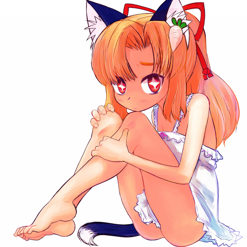 1girl animal_ear_fluff animal_ears bare_arms bare_legs bare_shoulders barefoot blonde_hair blue_tail bright_pupils cat_ears cat_girl cat_tail closed_mouth cross-shaped_pupils dress fingernails furrowed_brow futaba_channel hair_intakes hair_ornament hair_ribbon hand_on_own_knee hand_on_own_leg highres long_hair looking_at_viewer multicolored_tail nijiura_maids pink_ribbon ponytail radish red_eyes red_ribbon ribbon simple_background sitting solo symbol-shaped_pupils tail tensai_(nijiura_maids) tsukiyono_aroe turnip white_background white_dress white_pupils white_tail
