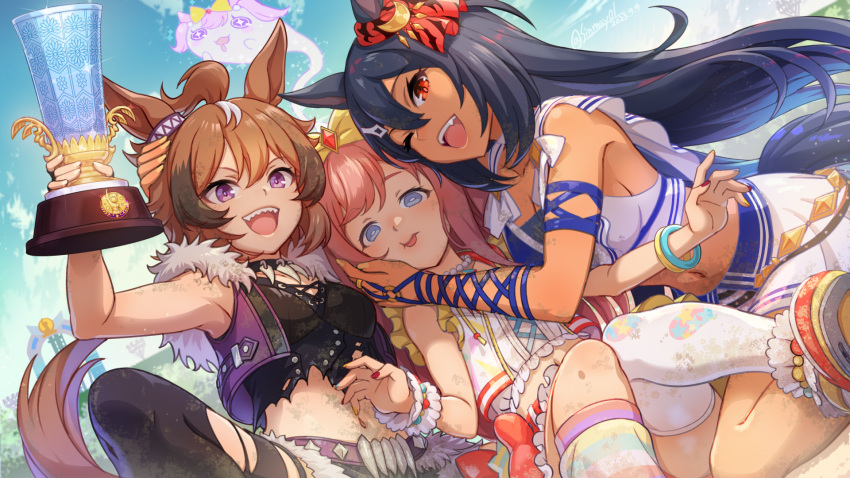 3girls agnes_digital_(umamusume) ahoge arm_up armpits bare_shoulders black_hair black_thighhighs blue_eyes bow bracelet brown_hair commentary_request dark-skinned_female dark_skin ear_ornament fur-trimmed_jacket fur_trim giving_up_the_ghost hair_between_eyes hand_on_another's_face highres hishi_amazon_(umamusume) holding_trophy horse_girl horseshoe jacket jewelry kneehighs long_hair midriff multicolored_hair multiple_girls navel one_eye_closed open_mouth pink_hair purple_eyes red_eyes scrunchie sharp_teeth shinko_windy_(umamusume) shinmai_(kyata) single_thighhigh smile socks streaked_hair teeth thighhighs umamusume upper_body white_hair wrist_scrunchie yellow_bow