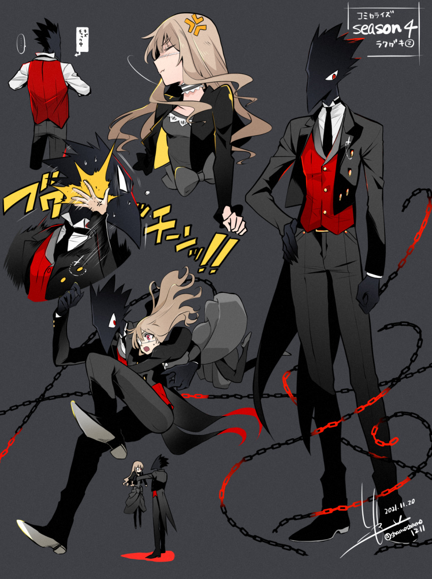 1boy 1girl amputee anger_vein animal_head black_dress black_skin black_suit blonde_hair caron_(higyaku_no_noel) choker colored_skin demon_boy dress eyepatch formal frilled_choker frills highres higyaku_no_noel long_hair medical_eyepatch noel_cerquetti pout severed_arm severed_limb shamoshamo1211 slapping suit