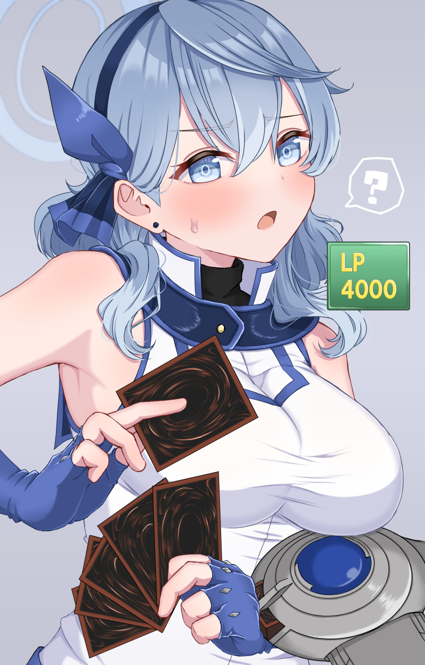 1girl :o ? absurdres ako_(blue_archive) alternate_costume annzuwann blue_archive blue_eyes blue_gloves blue_hair blush breasts card commentary_request cosplay duel_disk earrings fingerless_gloves gloves grey_hair halo highres holding holding_card jewelry large_breasts life_points looking_at_viewer shirt simple_background sleeveless sleeveless_shirt solo spoken_question_mark stud_earrings sweatdrop tenjouin_asuka tenjouin_asuka_(cosplay) upper_body white_shirt yu-gi-oh!