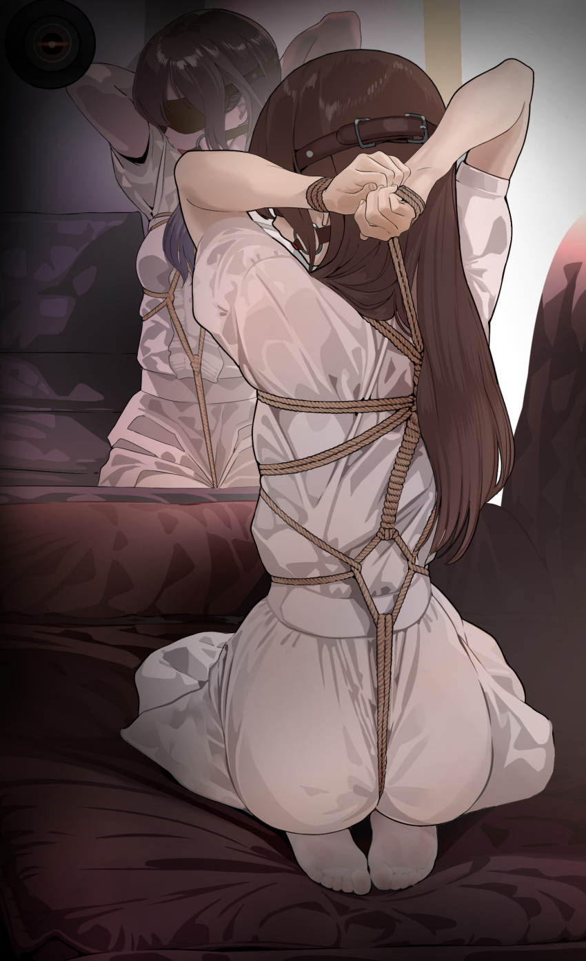 arms_up ball_gag bdsm blindfold bondage bound bound_legs covered_eyes crotch_rope feet gag gagged highres mirror no_shoes original pantyhose restrained shibari shibari_over_clothes skirt soles white_pantyhose white_skirt yewang19