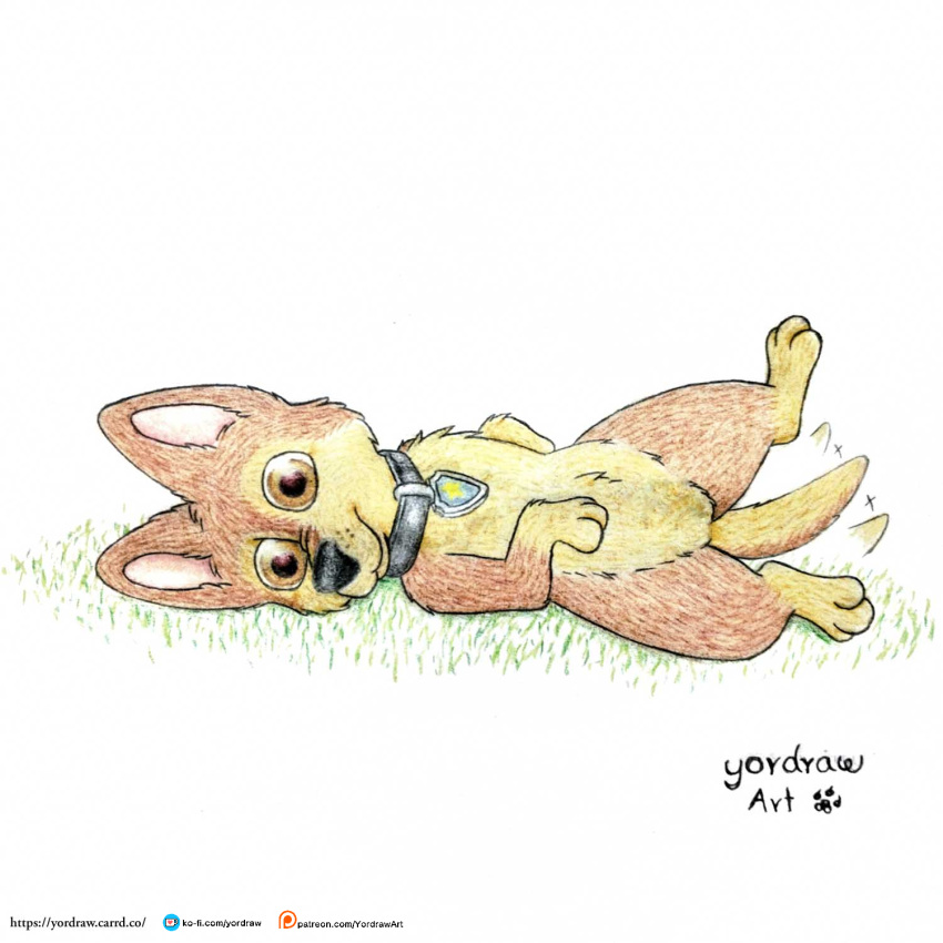 1:1 canid canine canis chase_(paw_patrol) collar cute_expression cute_eyes domestic_dog downward_dog feral fur grass happy hi_res legs_in_air legs_up lying lying_on_ground male mammal on_back patreon patreon_link patreon_logo patreon_username paw_patrol paws plant smile solo spread_legs spreading tail tail_motion text url yordraw